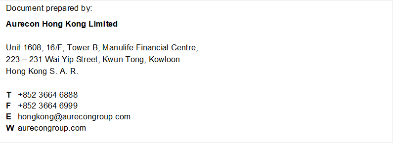 Document prepared by:
Aurecon Hong Kong Limited

Unit 1608, 16/F, Tower B, Manulife Financial Centre, 
223  231 Wai Yip Street, Kwun Tong, Kowloon 
Hong Kong S. A. R.

T
F
E
W
+852 3664 6888
+852 3664 6999
hongkong@aurecongroup.com
aurecongroup.com

