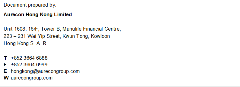 Document prepared by:
Aurecon Hong Kong Limited

Unit 1608, 16/F, Tower B, Manulife Financial Centre, 
223  231 Wai Yip Street, Kwun Tong, Kowloon 
Hong Kong S. A. R.

T
F
E
W
+852 3664 6888
+852 3664 6999
hongkong@aurecongroup.com
aurecongroup.com

