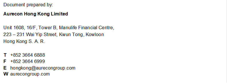 Document prepared by:
Aurecon Hong Kong Limited

Unit 1608, 16/F, Tower B, Manulife Financial Centre, 
223  231 Wai Yip Street, Kwun Tong, Kowloon 
Hong Kong S. A. R.

T
F
E
W
+852 3664 6888
+852 3664 6999
hongkong@aurecongroup.com
aurecongroup.com

