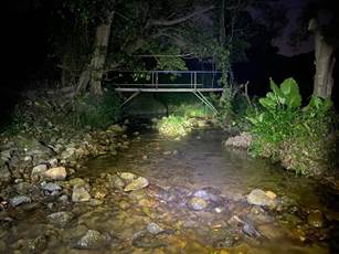 A bridge over a stream at night

Description automatically generated